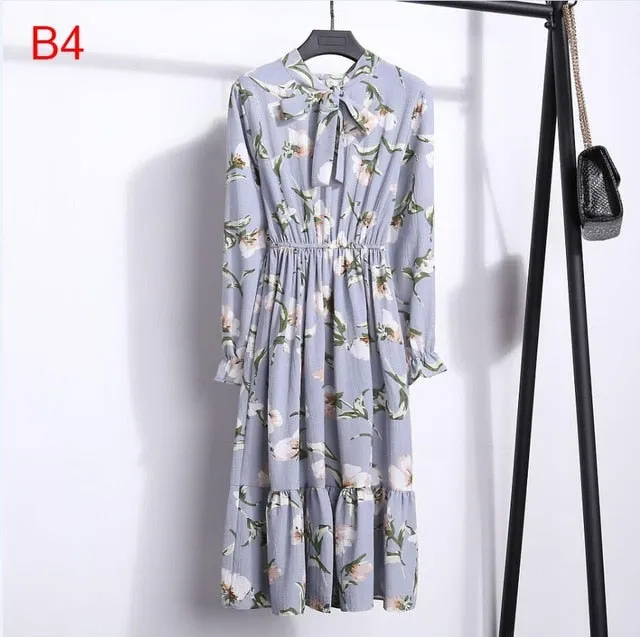 2019 Spring Women Dress For Ladies Long Sleeve Polka Dot Vintage Chiffon Shirt Dress Casual Black Red Floral Autumn Midi Dress