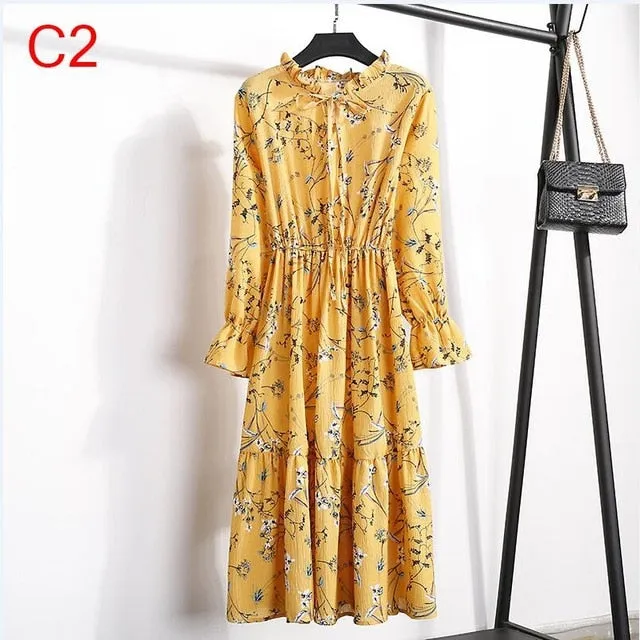 2019 Spring Women Dress For Ladies Long Sleeve Polka Dot Vintage Chiffon Shirt Dress Casual Black Red Floral Autumn Midi Dress