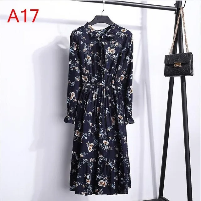 2019 Spring Women Dress For Ladies Long Sleeve Polka Dot Vintage Chiffon Shirt Dress Casual Black Red Floral Autumn Midi Dress
