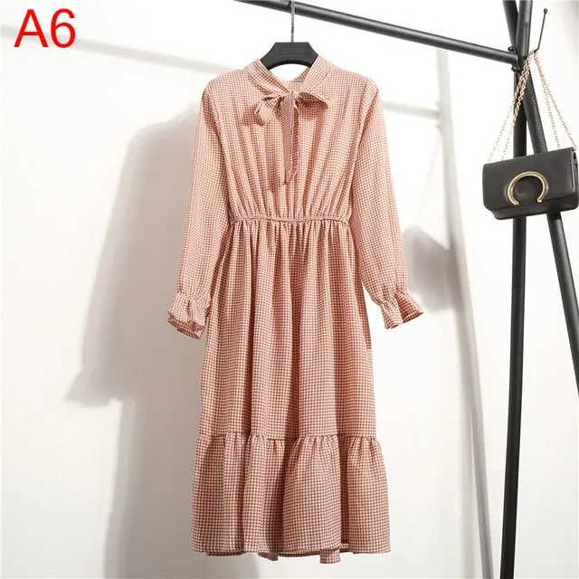 2019 Spring Women Dress For Ladies Long Sleeve Polka Dot Vintage Chiffon Shirt Dress Casual Black Red Floral Autumn Midi Dress
