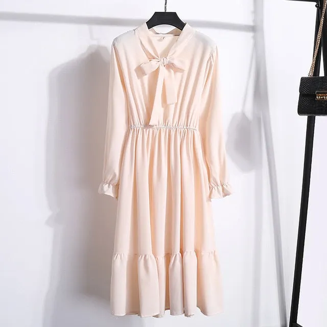 2019 Spring Women Dress For Ladies Long Sleeve Polka Dot Vintage Chiffon Shirt Dress Casual Black Red Floral Autumn Midi Dress