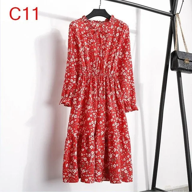 2019 Spring Women Dress For Ladies Long Sleeve Polka Dot Vintage Chiffon Shirt Dress Casual Black Red Floral Autumn Midi Dress