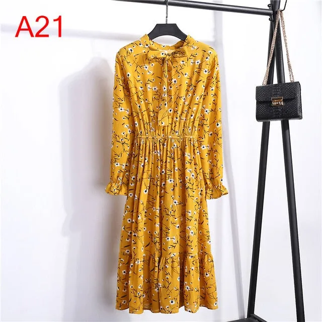 2019 Spring Women Dress For Ladies Long Sleeve Polka Dot Vintage Chiffon Shirt Dress Casual Black Red Floral Autumn Midi Dress
