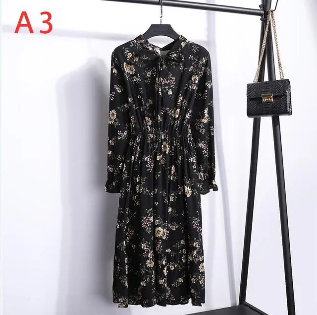 2019 Spring Women Dress For Ladies Long Sleeve Polka Dot Vintage Chiffon Shirt Dress Casual Black Red Floral Autumn Midi Dress