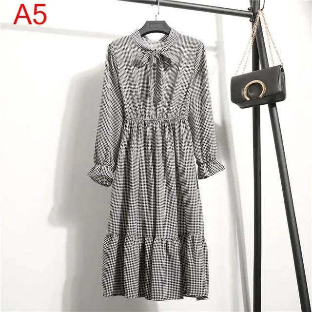 2019 Spring Women Dress For Ladies Long Sleeve Polka Dot Vintage Chiffon Shirt Dress Casual Black Red Floral Autumn Midi Dress