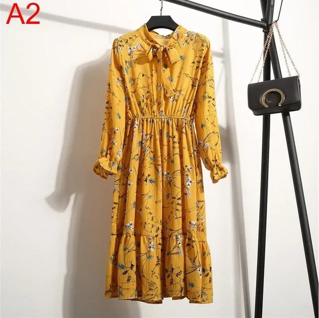 2019 Spring Women Dress For Ladies Long Sleeve Polka Dot Vintage Chiffon Shirt Dress Casual Black Red Floral Autumn Midi Dress