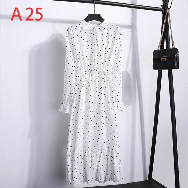 2019 Spring Women Dress For Ladies Long Sleeve Polka Dot Vintage Chiffon Shirt Dress Casual Black Red Floral Autumn Midi Dress