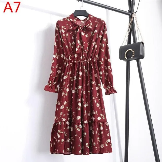 2019 Spring Women Dress For Ladies Long Sleeve Polka Dot Vintage Chiffon Shirt Dress Casual Black Red Floral Autumn Midi Dress