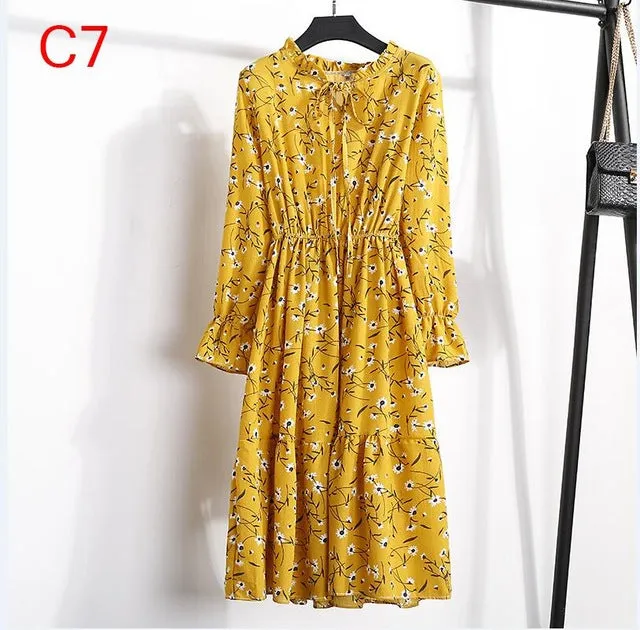 2019 Spring Women Dress For Ladies Long Sleeve Polka Dot Vintage Chiffon Shirt Dress Casual Black Red Floral Autumn Midi Dress