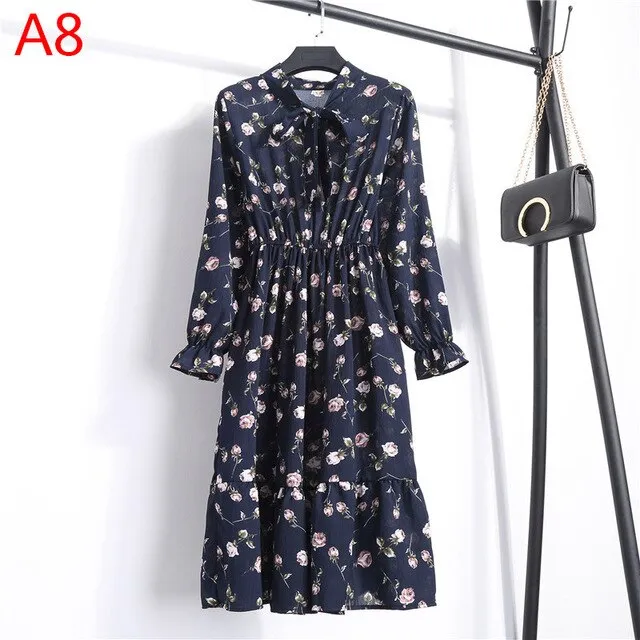 2019 Spring Women Dress For Ladies Long Sleeve Polka Dot Vintage Chiffon Shirt Dress Casual Black Red Floral Autumn Midi Dress
