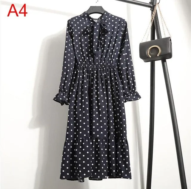 2019 Spring Women Dress For Ladies Long Sleeve Polka Dot Vintage Chiffon Shirt Dress Casual Black Red Floral Autumn Midi Dress