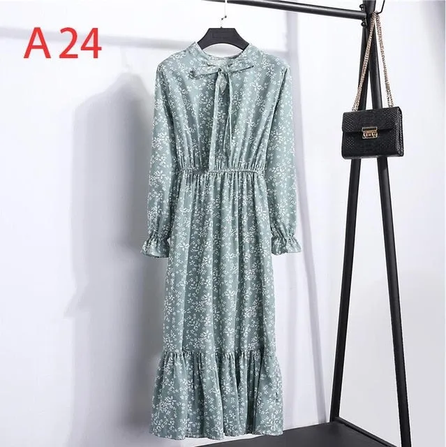 2019 Spring Women Dress For Ladies Long Sleeve Polka Dot Vintage Chiffon Shirt Dress Casual Black Red Floral Autumn Midi Dress