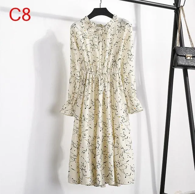 2019 Spring Women Dress For Ladies Long Sleeve Polka Dot Vintage Chiffon Shirt Dress Casual Black Red Floral Autumn Midi Dress