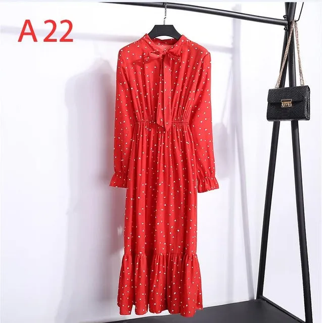 2019 Spring Women Dress For Ladies Long Sleeve Polka Dot Vintage Chiffon Shirt Dress Casual Black Red Floral Autumn Midi Dress