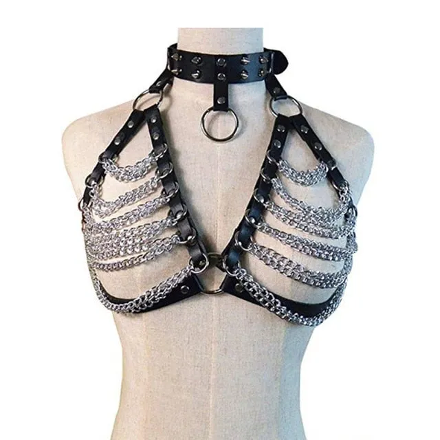 Adult womens erotic lingerie bra clear open cup bra maid bandage chain bralette shelf bra sexy clothes strappy hot leather bra