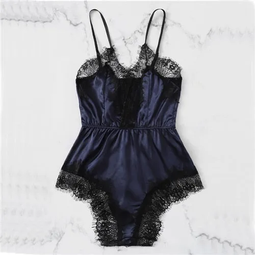 COLROVIE Navy Solid Lace Trim Satin Romper Lingerie Teddy Bodysuit Women Pink Pajama Lounge Onesie Sexy Sleepwear One Piece