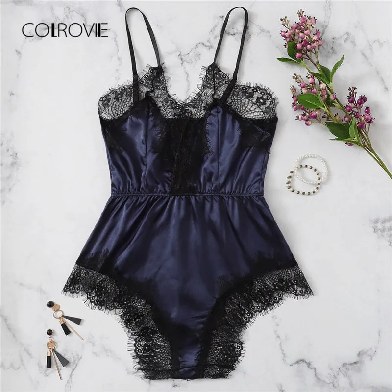 COLROVIE Navy Solid Lace Trim Satin Romper Lingerie Teddy Bodysuit Women Pink Pajama Lounge Onesie Sexy Sleepwear One Piece