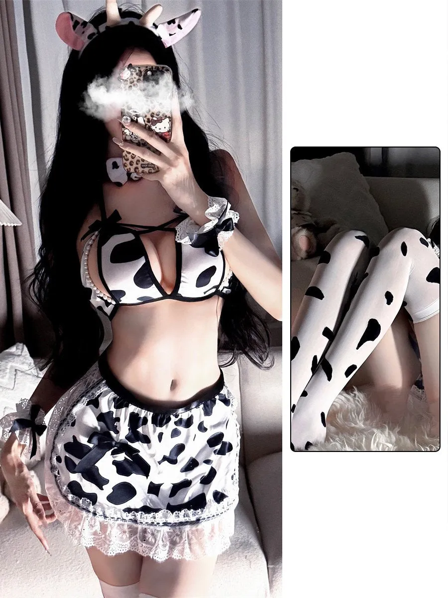 Cow Print Bra and Apron Skirt Set