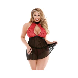 Curve Valentina Halter Keyhole Front Babydoll & Matching Panty Red/black 1x/2x
