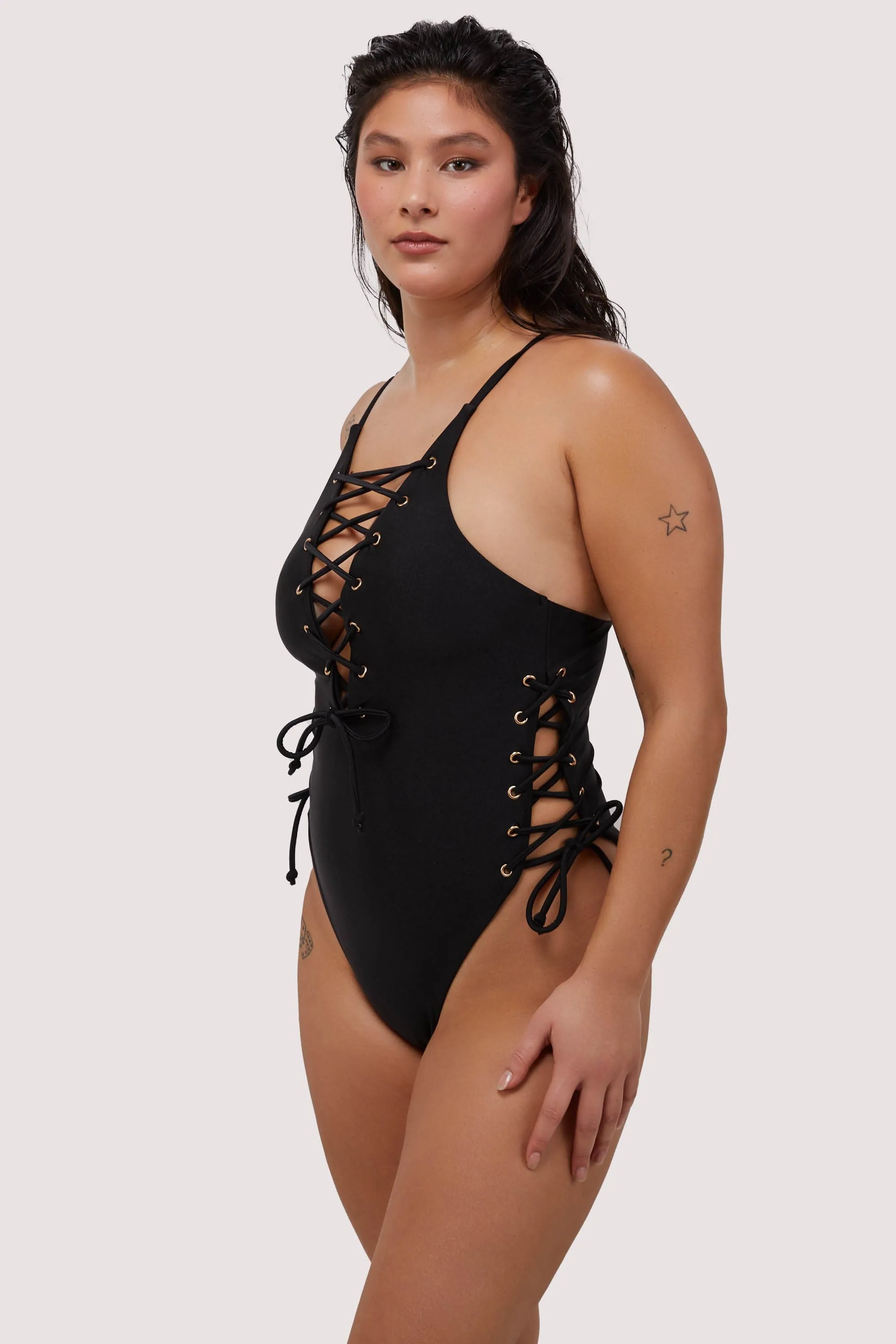 Eden Eden Fuller Bust Black Plunge Lace-Up Swimsuit