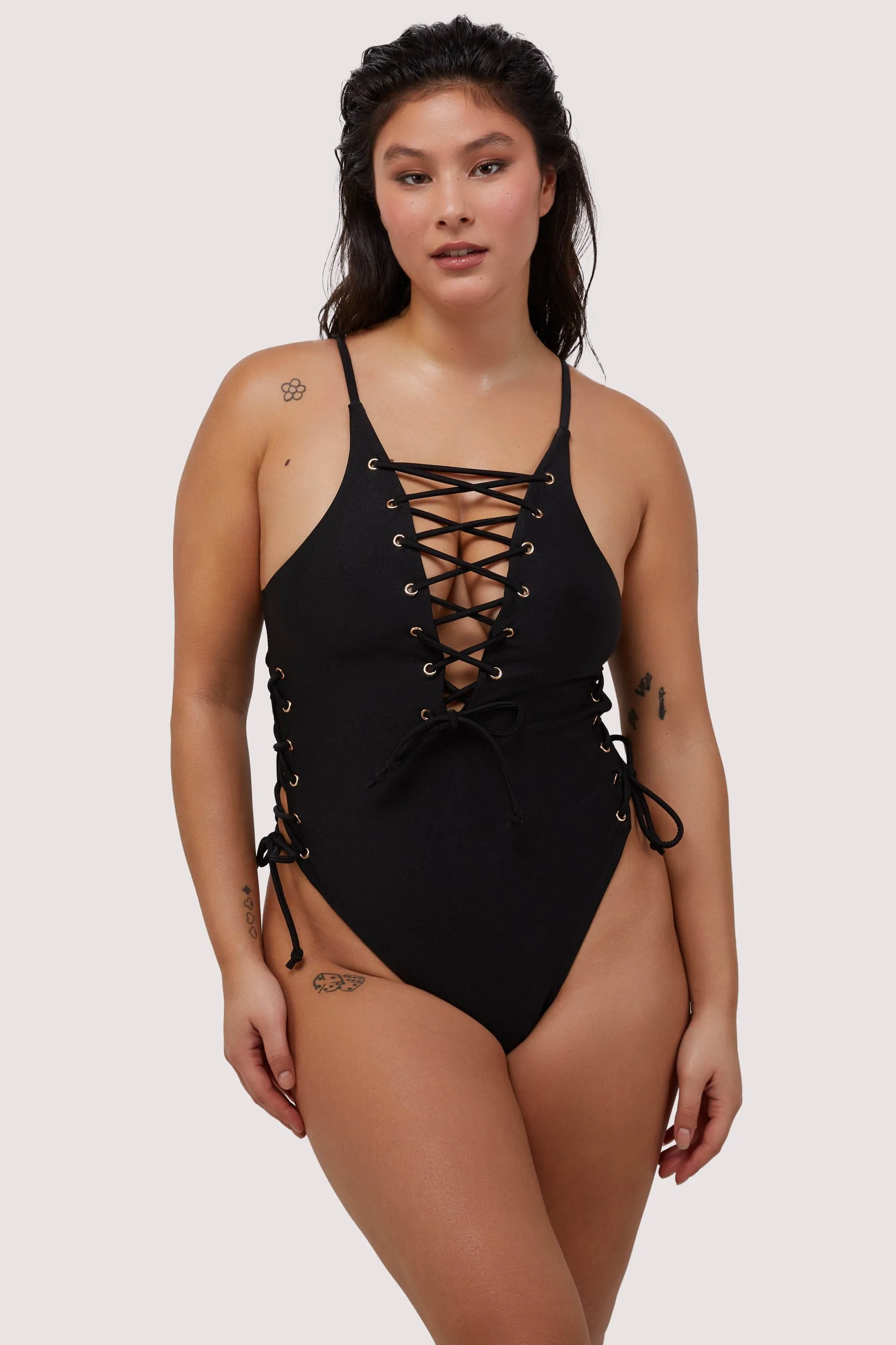Eden Eden Fuller Bust Black Plunge Lace-Up Swimsuit