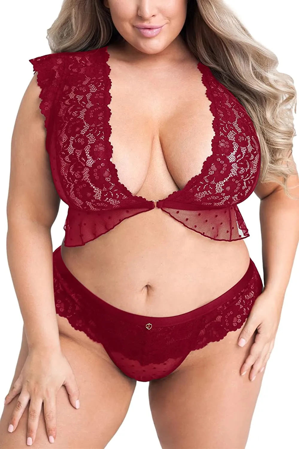 EVELUST Plus Size Lingerie for Women. 2 Piece Outfit Sexy Front-Open Backless Underwear Polka Ruffle Unwrap Bra and Panty