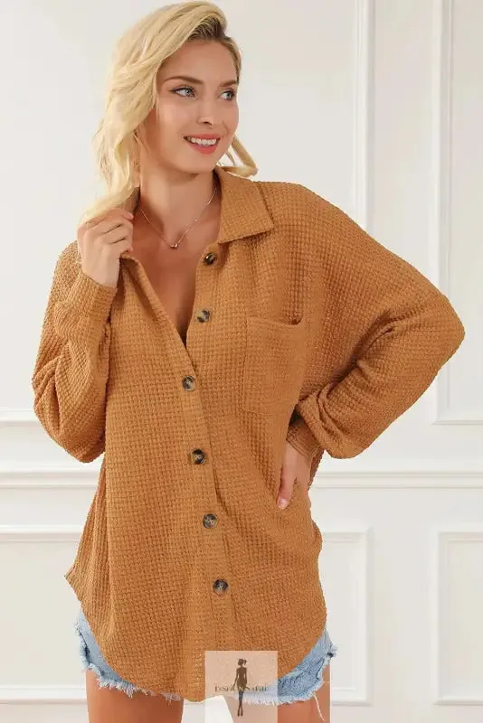 Hot Pink Knit Button Waffle Shirt