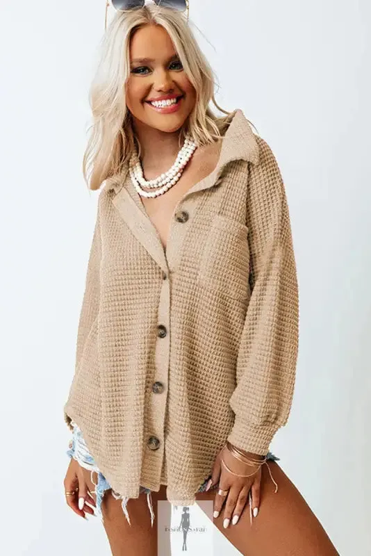 Hot Pink Knit Button Waffle Shirt