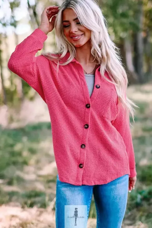 Hot Pink Knit Button Waffle Shirt
