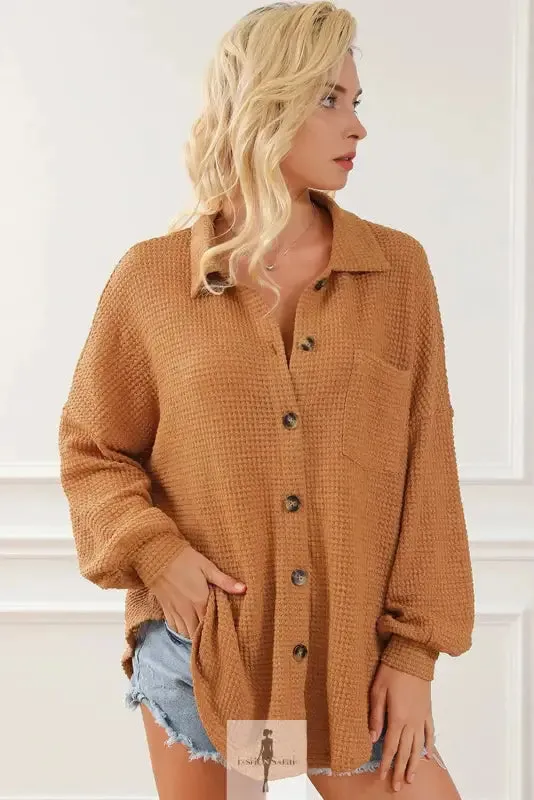 Hot Pink Knit Button Waffle Shirt