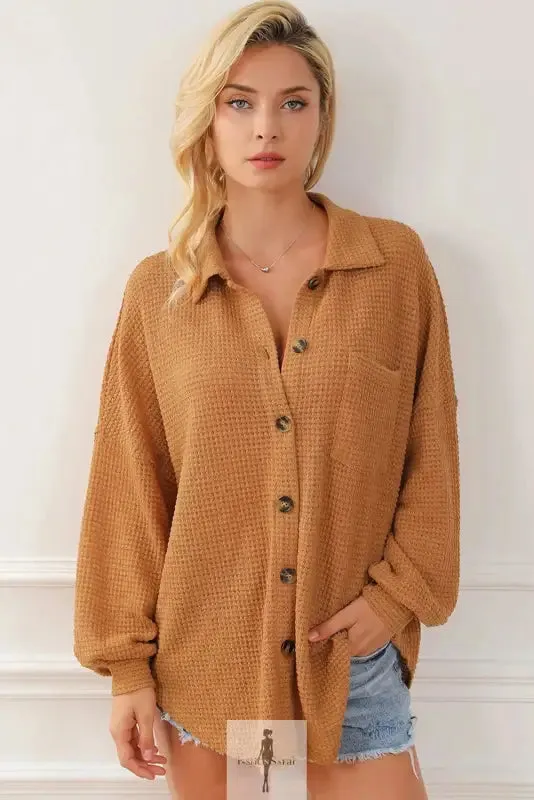 Hot Pink Knit Button Waffle Shirt