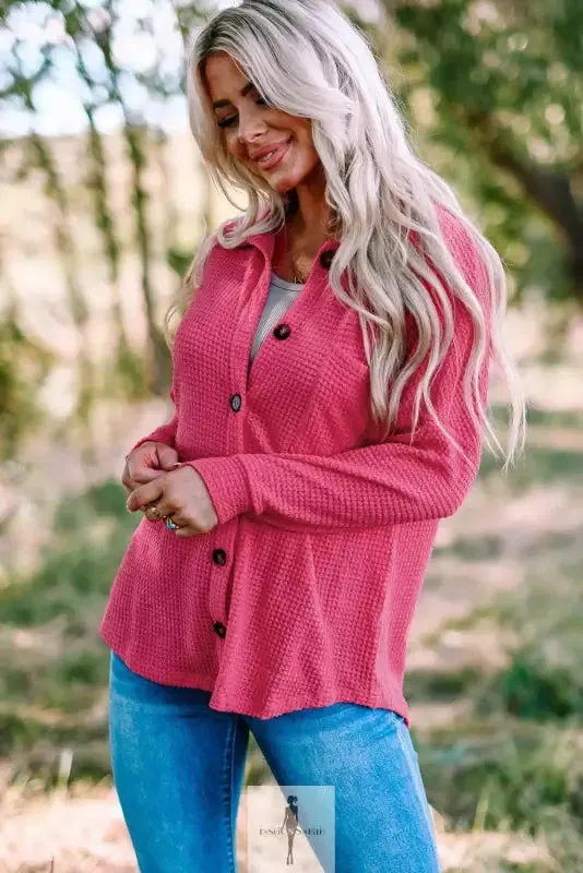 Hot Pink Knit Button Waffle Shirt
