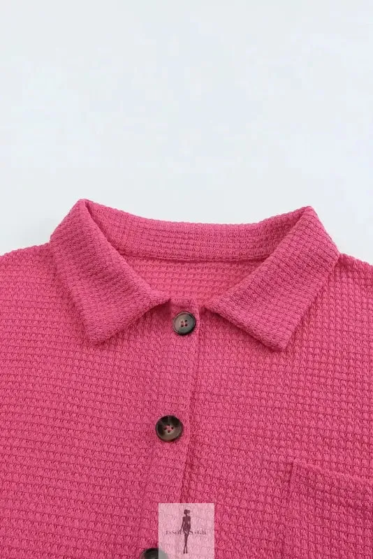 Hot Pink Knit Button Waffle Shirt