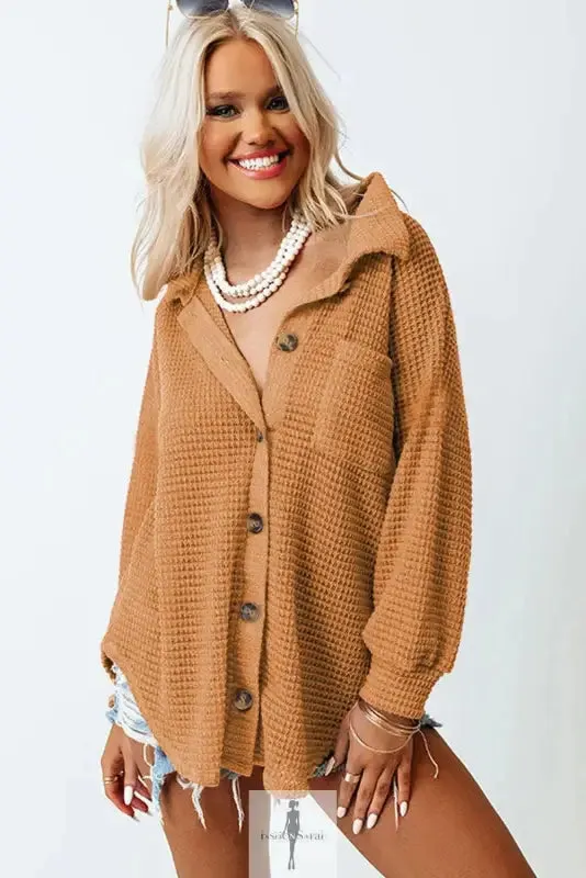 Hot Pink Knit Button Waffle Shirt