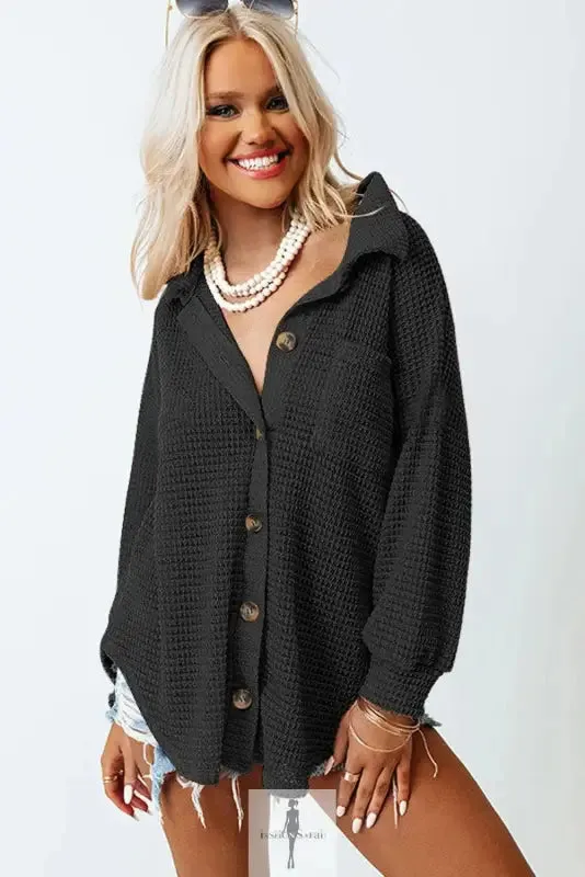 Hot Pink Knit Button Waffle Shirt