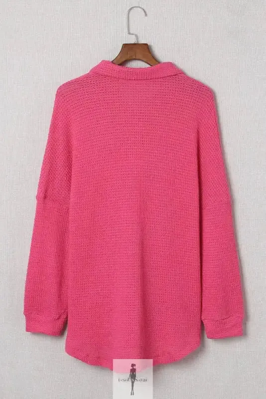 Hot Pink Knit Button Waffle Shirt