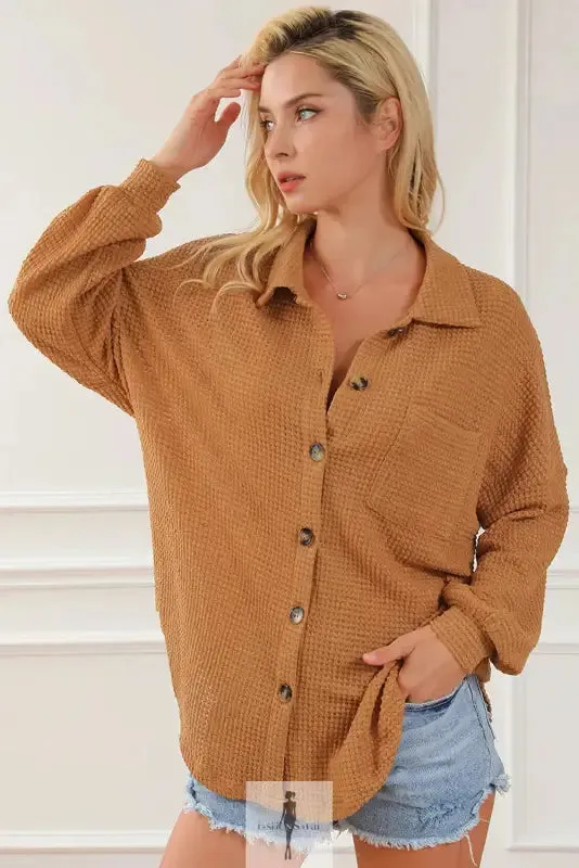 Hot Pink Knit Button Waffle Shirt