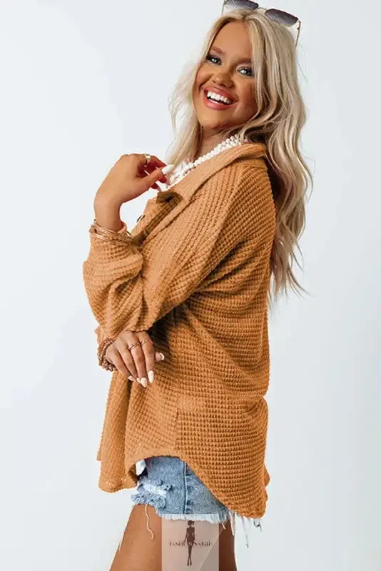 Hot Pink Knit Button Waffle Shirt