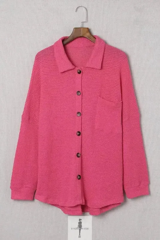 Hot Pink Knit Button Waffle Shirt