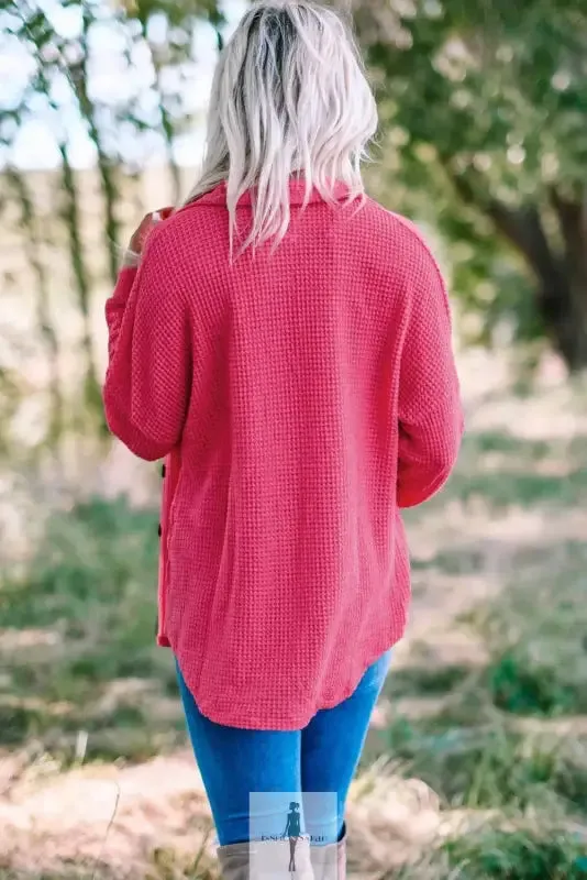 Hot Pink Knit Button Waffle Shirt