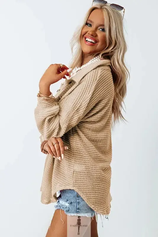 Hot Pink Knit Button Waffle Shirt