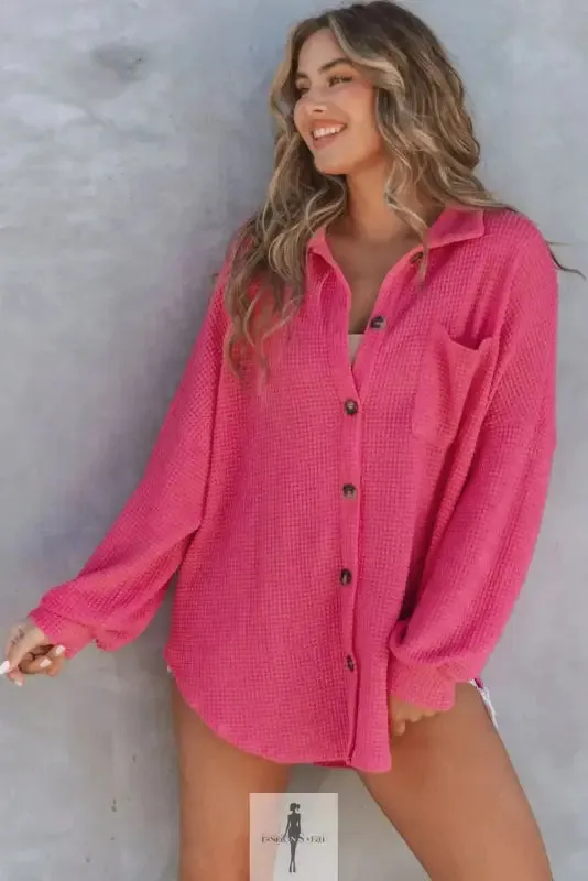 Hot Pink Knit Button Waffle Shirt