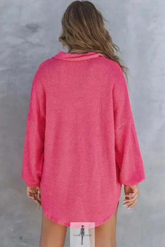Hot Pink Knit Button Waffle Shirt