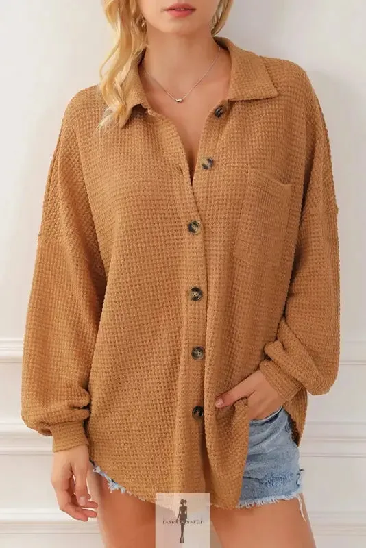 Hot Pink Knit Button Waffle Shirt