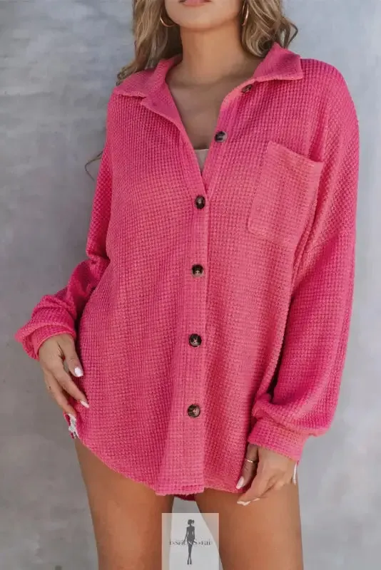 Hot Pink Knit Button Waffle Shirt