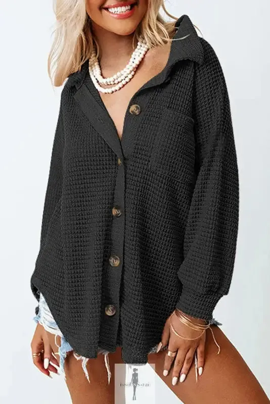Hot Pink Knit Button Waffle Shirt