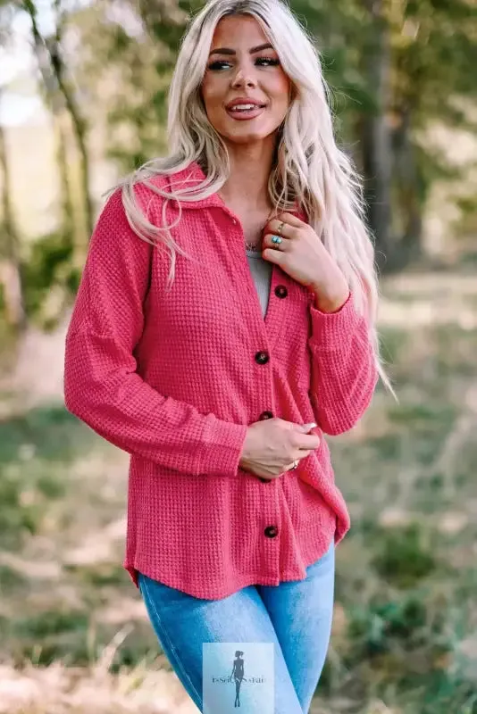 Hot Pink Knit Button Waffle Shirt