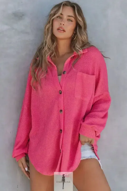 Hot Pink Knit Button Waffle Shirt