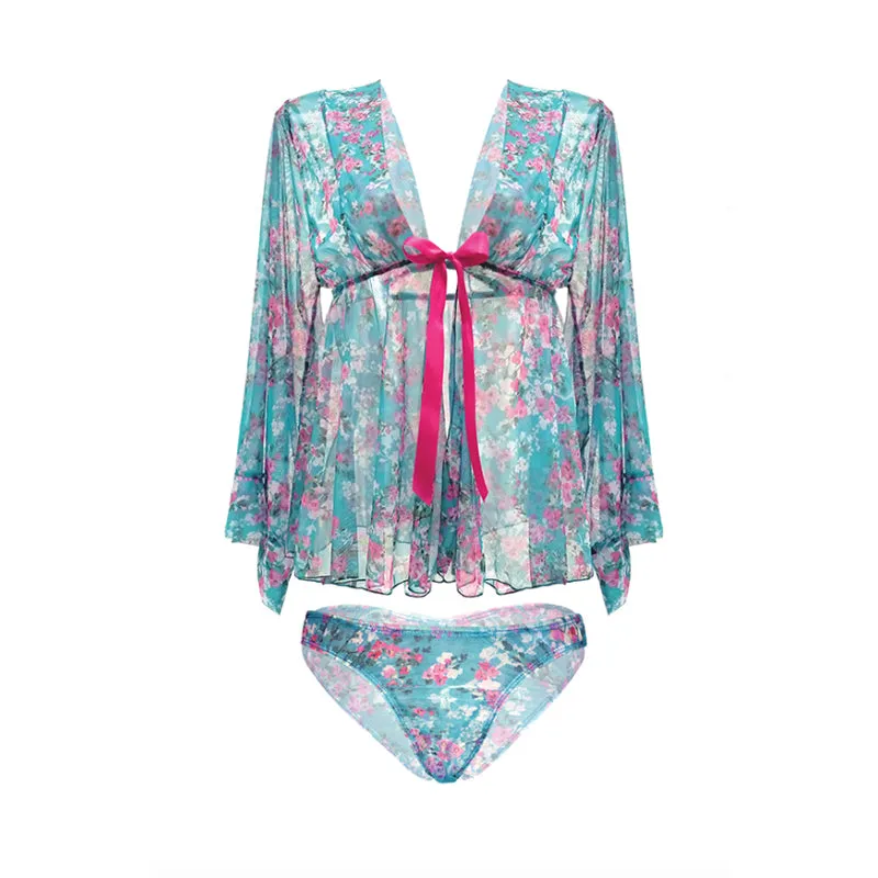 MAI TAI KIMONO SLEEVE ROBE & PANTY SET 3X/4X TURQUOISE