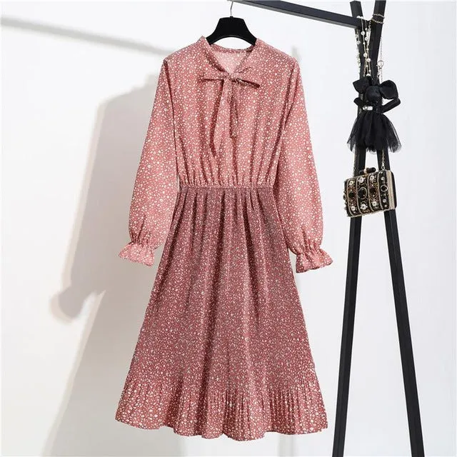 New Chiffon summer Dress Women Bow Spring Small Floral Long Sleeve Polka Elastic Waist Leopard Vintage Pleated Collar Vestidos